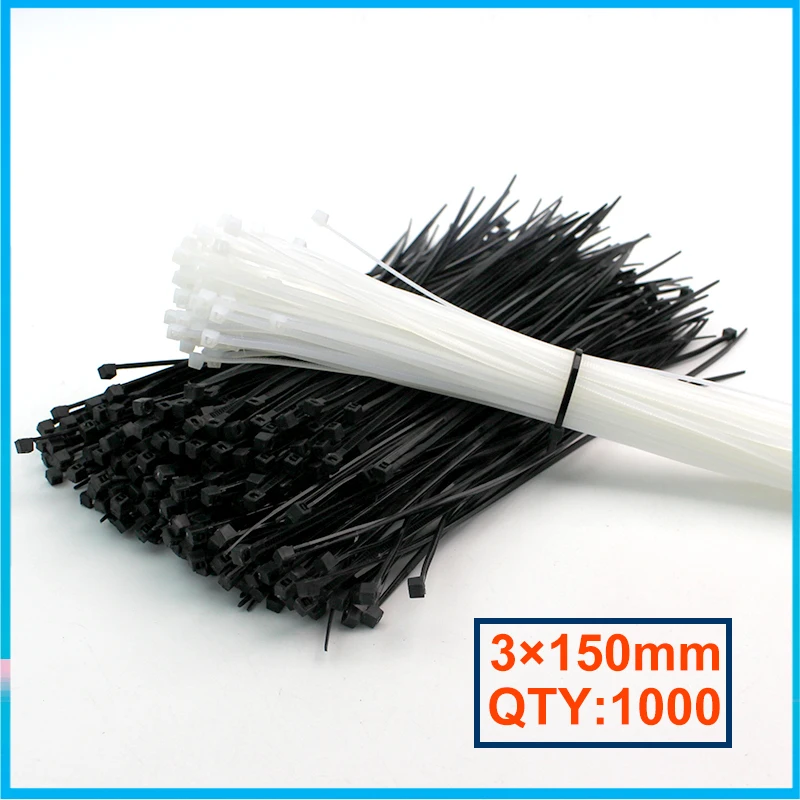 

3*150mm 1000Pcs/Pack Self-locking Nylon Cable Tie Plastic Black/White Zip Ties Wrap Tie 1.9mm Width