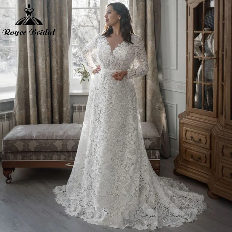 Elegant A Line Wedding Dresses with Back Buttons Plus Size Lace V Neck Long Sleeve vestido de novia 2025 Bridal Gown Customized 