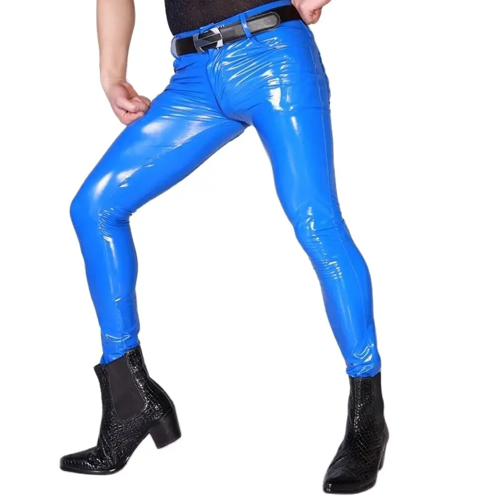 

Sexy Men High Elastic Blue Latex PVC Shiny Pencil Pants U Convex Pouch Tight Faux Leather Glossy Punk Pencil Pants Plus Size F11