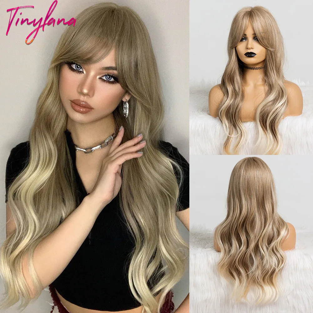 Małe LANA syntetyczne długie włosy typu Body Wave peruki brązowy do blond Ombre peruka z grzywką dla kobiet naturalne Cosplay odporne na ciepło do