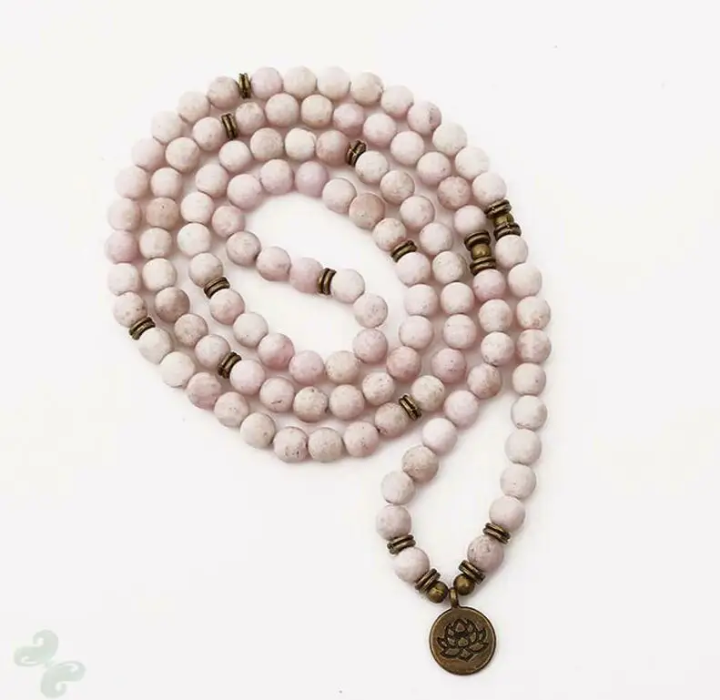 

6mm Pink Jade Stone 108 Beads Lotus Pendant Bracelet Reiki Cuff Handmade Lucky Unisex Prayer