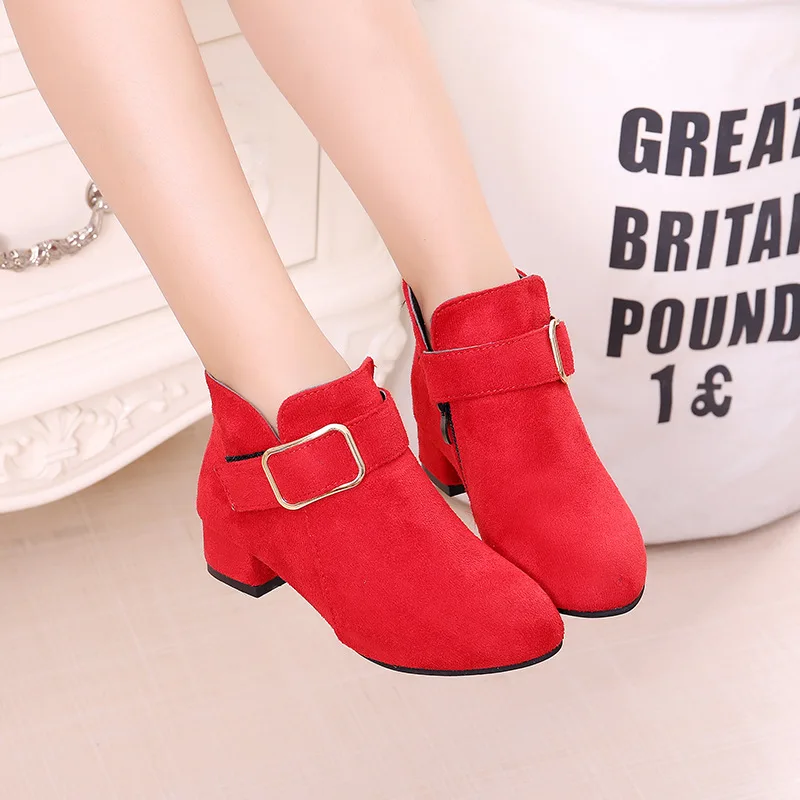 Girls Tide Boots Shoes Spring Autumn Flock Leather Children Boots Fashion Kids Boots Warm Winter Boots Botas High Heels Buckle