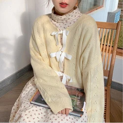 Women Sweaters Warm Mesh Knitting Bow O-Neck Long Sleeve Cardigan Fashion Korean Style  Cardigan Fall Women Clothing