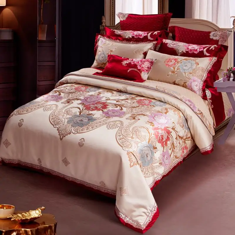 Luxury European Wedding Bedding Set, Red Embroidery Satin, 4-Piece Set, 60-80 Piece