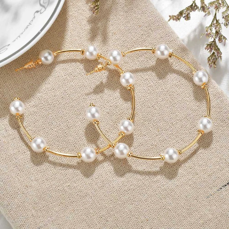 Bohmeian White Imitation Pearl Round Circle Hoop Earrings Female Golden Color Big Statement Earrings Exaggerate Party Jewelry