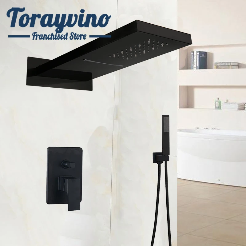 

wall-mounted bathroom shower set black matte rubinetto doccia water saving led top shower with Control valve mixer faucets set