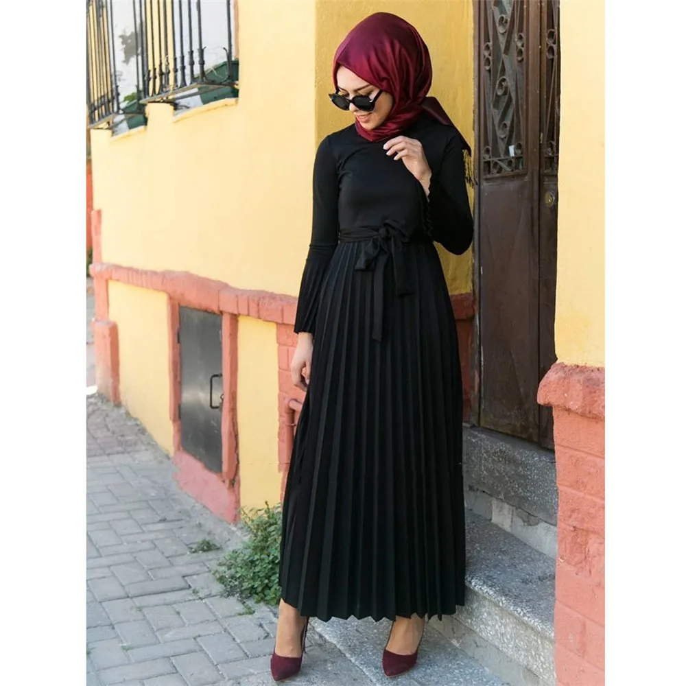 

Elegant Women Muslim Abaya Pleated Eid Party Long Maxi Dress Dubai Kaftan Islamic Arab Gown Belted Turkey Jalabiya Vestidos 2024