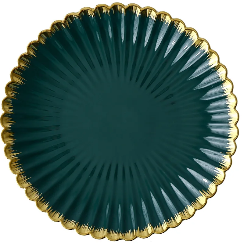 Luxury Vintage Dinner Plates with Gold Rim, Ceramic Oval Platter, Soup Bowl, Salad Bowl, Taste Plate, Green Crockery