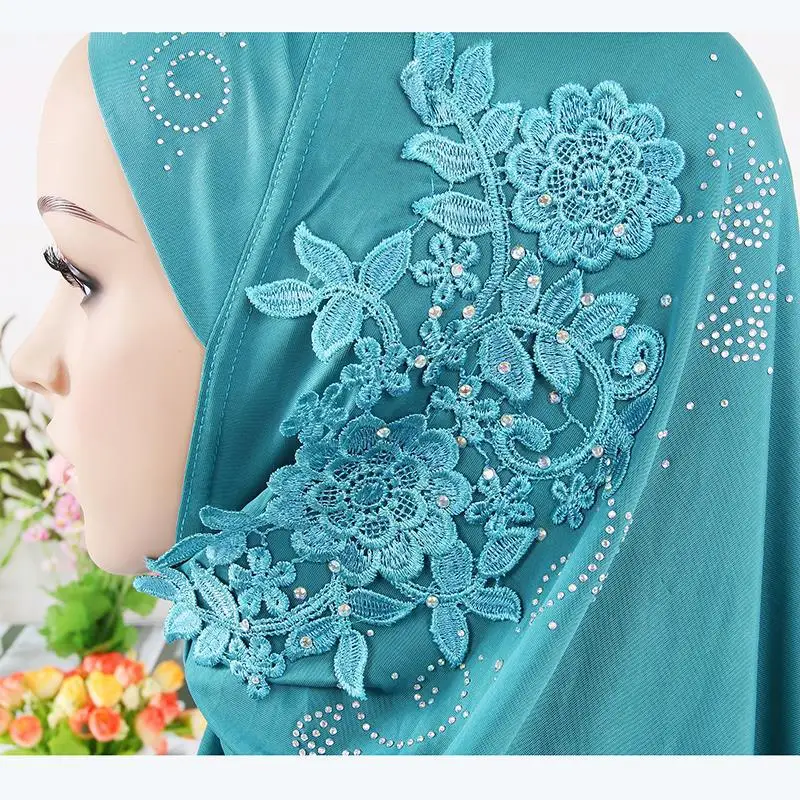 Full Cover Women Girls Flower Hijab Instant Scarf Muslim Diamonds Headscarf Turban One Piece Amira Wrap Rull On Ready Shawls Cap