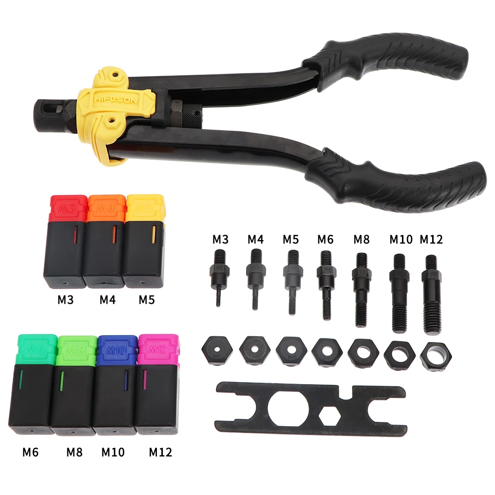 Hand Rivet Nut Gun Manual Riveters Nut Gun Set Insert Threaded Mandrels Riveting Rivnut Tool M3 M4 M5 M6 M8 M10 M12 Nuts Toolbox