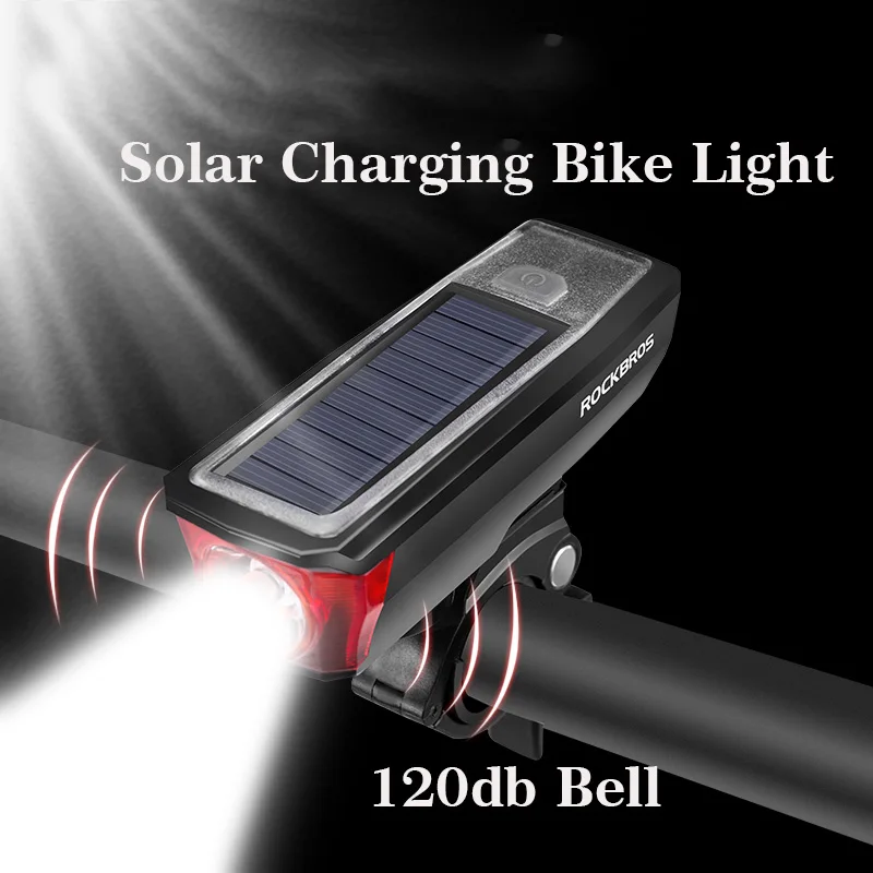 ROCKBROS Waterproof Bicycle Headlights 2000mAh USB/Solar Charging 120dB Bike Bell/Front Light Smart Switch Cycling Accessories