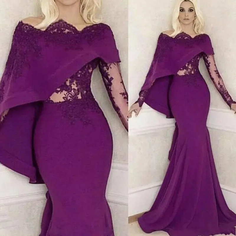 Nàng Tiên Cá Dài Váy Đầm Dạ 2019 Thuyền Cổ Vintage Tím Abendkleider Full Tay Form Áo Choàng Ren Appliques Áo Dây De Soiree