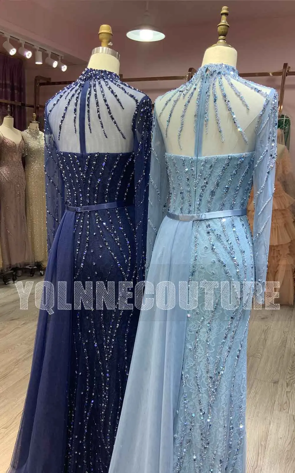 Abiti da sera eleganti con strass blu scuro a maniche lunghe collo alto Tulle pizzo perline abiti da cerimonia per donna formale sirena