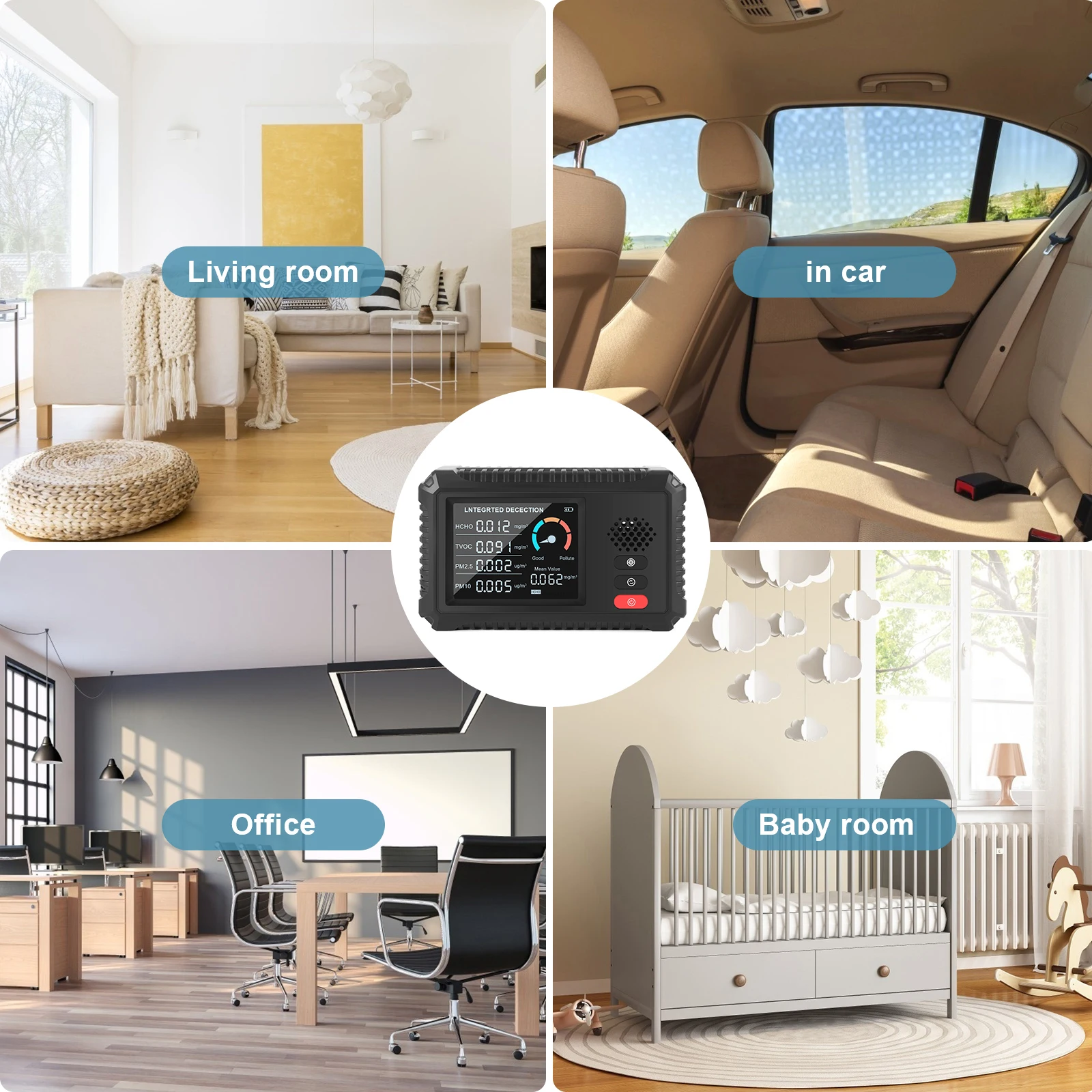 Air Quality Monitor หน้าจอ LCD Air Pollution Detector TVOC HCHO PM1.0/PM2.5/PM10 แบบพกพา Air คุณภาพการตรวจจับสําหรับห้องนั่งเล่น