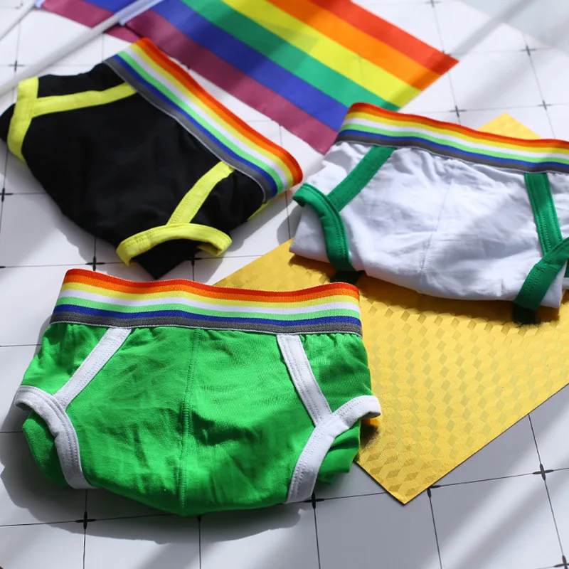 Male Cotton Underwear Men\'s Classic Week Briefs Rainbow Waistband Underpants Gay Green/White/Black/Navy/Red/Blue/Yellow M - 3XL