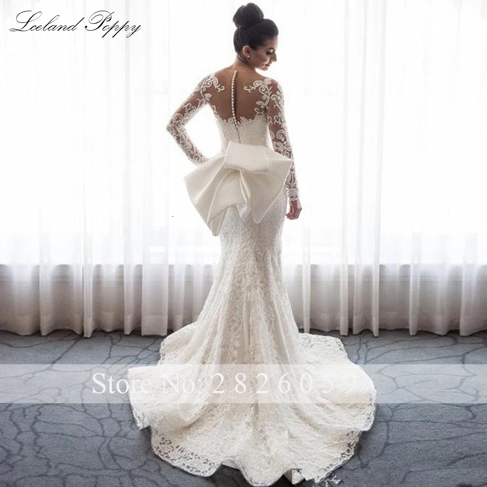 Lceland Poppy Customized Mermaid Wedding Dresses Long Sleeves Beaded Lace Appliques Bridal Dress with Detachable Train