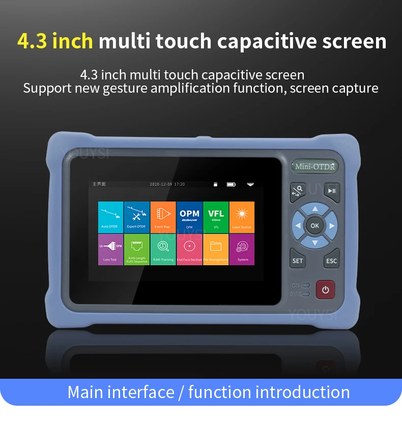 12-in-1 mini OTDR Fiber Optic Ethernet Tester Optical Reflectometer with touch screen VFL OLS OPM event map, 1310/1550nm,26/24db