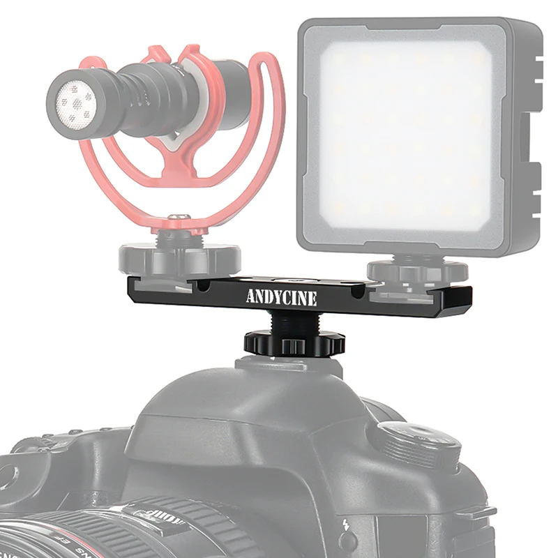 Universal 2 Dual Cold Shoe Mount Extension Bar Bracket with 1/4" Thread for SLR Camera Rode Microphone Wireless Receiver