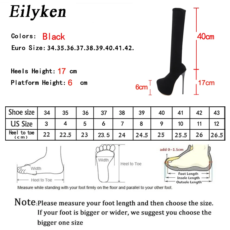 Eilyken 17CM Platform Heels Woman Over Knee Winter Boot Womens Black Knitting Round Toe Thigh High Long Socks Lady Shoes