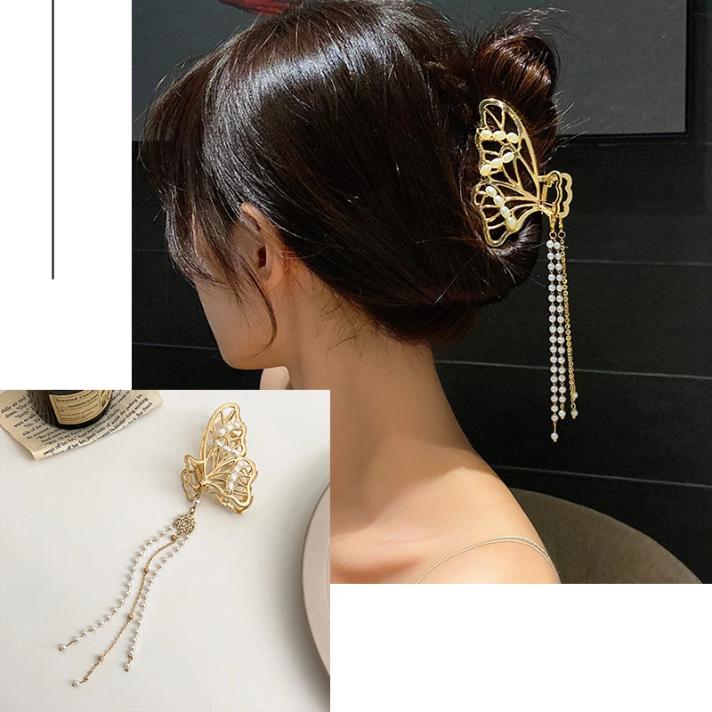 New Women Gold Color Geometric Butterfly Hair Claw Vintage Long Pendant Hair Clips Headband Hairpin Hair Crab Hair Accessories