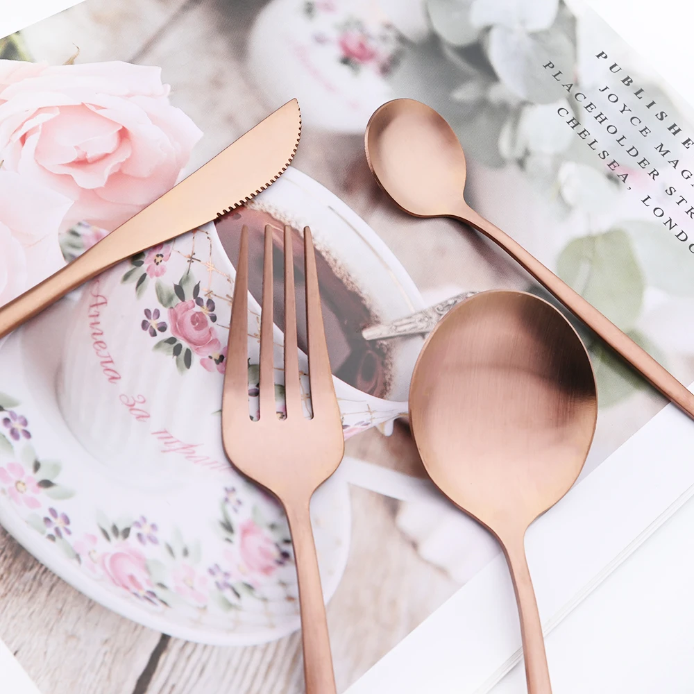 16Pcs Rose Gold Cutlery Set Knife Fork Coffee Spoons Dinnerware Set Stainless Steel Tableware Set Western Kitchen Silverware Set