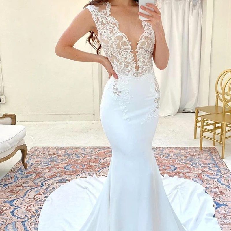 Wedding Dress 2021 V-Neck Lace Applique Mermaid Elegant Sleeveless Charming For Sexy Women Simple satin High Quality Custom made