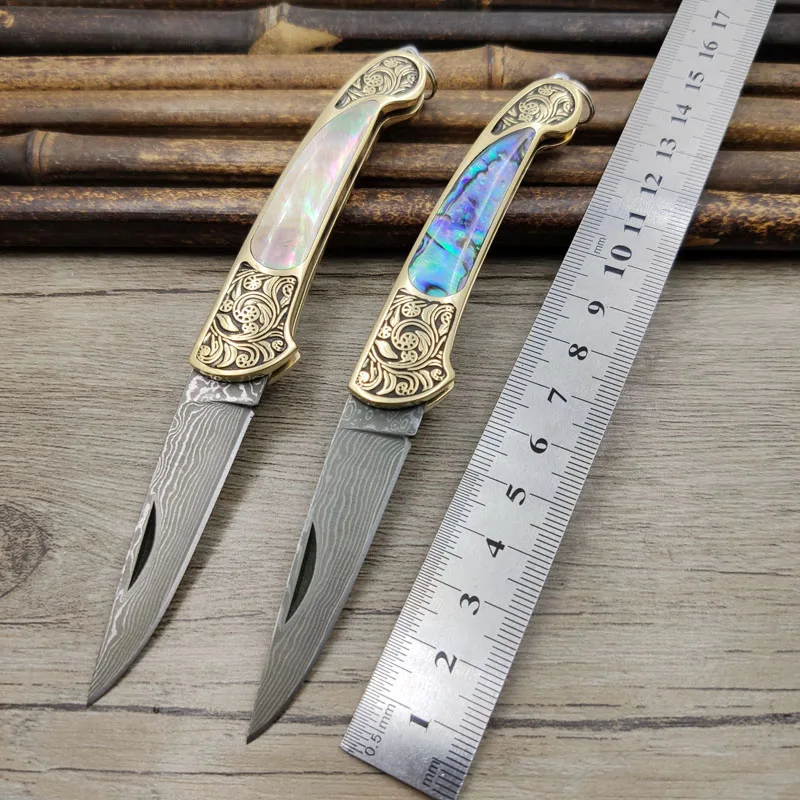 Cuchillo plegable de bolsillo de hoja de acero de Damasco hecho a mano de gran tamaño, latón amarillo + mango de concha de abulón, cuchillo utilitario