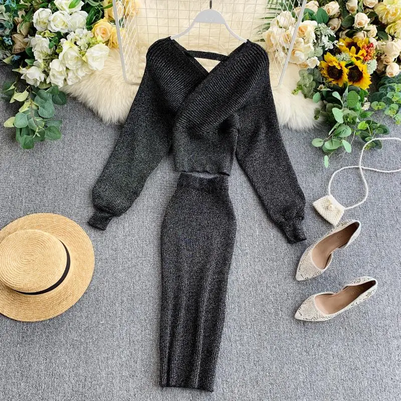 ALPHALMODAD 2019 Bright Silk Knitting V-neck Bat-sleeved Sweater + Wrap Hip Skirt Women Autumn Sexy 2pcs Suit Ladies Elegant Set