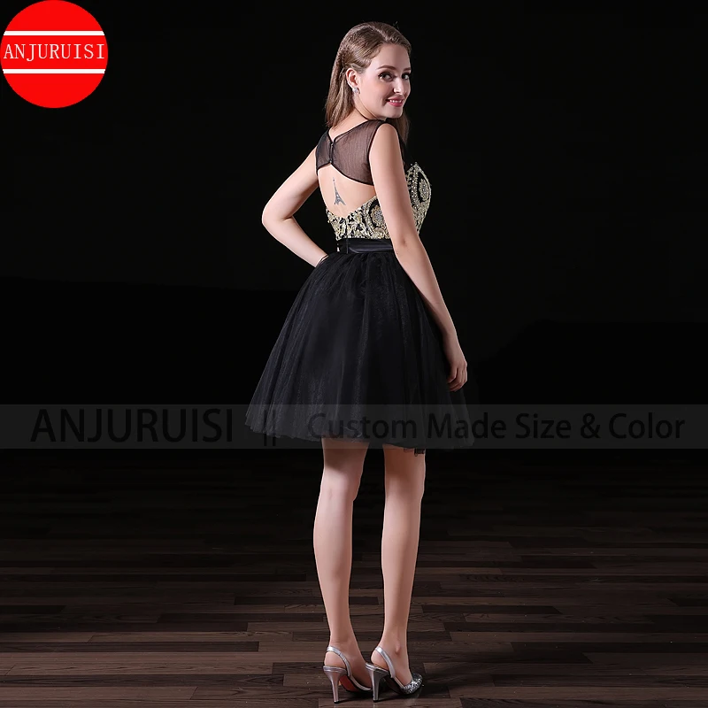 

Gold Appliques Cocktail Party Dresses 2022 Vestido de Festa Mini Sexy Prom Gown Simple Black Tulle