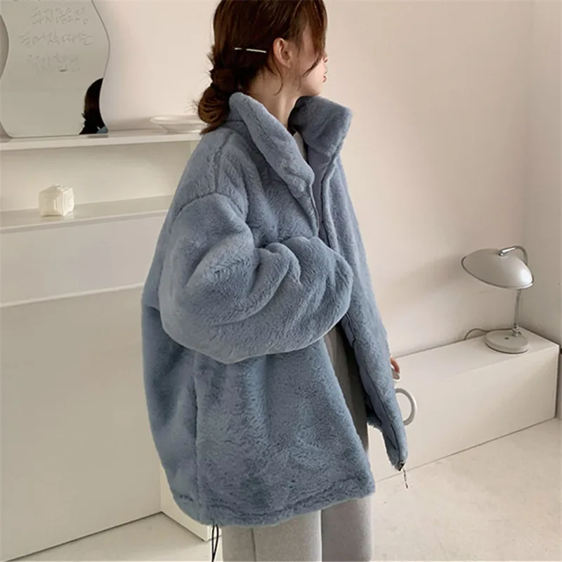 Manteau en fausse fourrure de lapin pour femme, veste de haute qualité, mode de luxe, fermeture éclair, décontracté, épais, chaud, en peluche, hiver