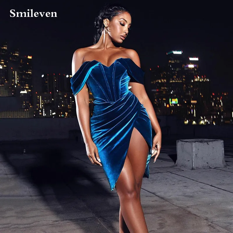 Smileven Blue Velvet Peats Cocktail Dress Off The Shoulder Mini Prom Dresses Fashion Style Evening Party Gowns 2022 New Trends