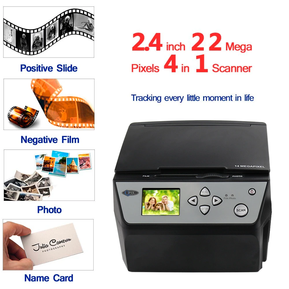 22MP Film Multi-Function Scanner Converts 135/35mm 110 Slide/Negative Film Photo Document Business Card to HD Digital JPG Files