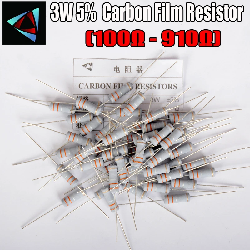 

20pcs 3W Carbon Film Resistor 5% 1R ~ 1M 100R 120 150 180 200 220 240 270 300 330 360 390 430 470 510 560 680 750 820 910 ohm