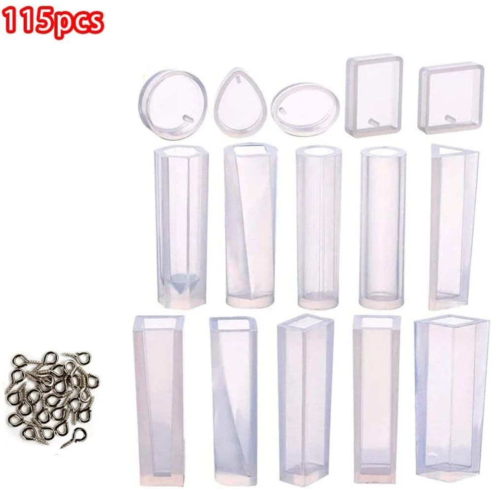 115pcs Jewelry Making Silicone Molds Set Water Drop round Square Oval Tube UV Epoxy Resin Casting Tools for Pendant with Pin