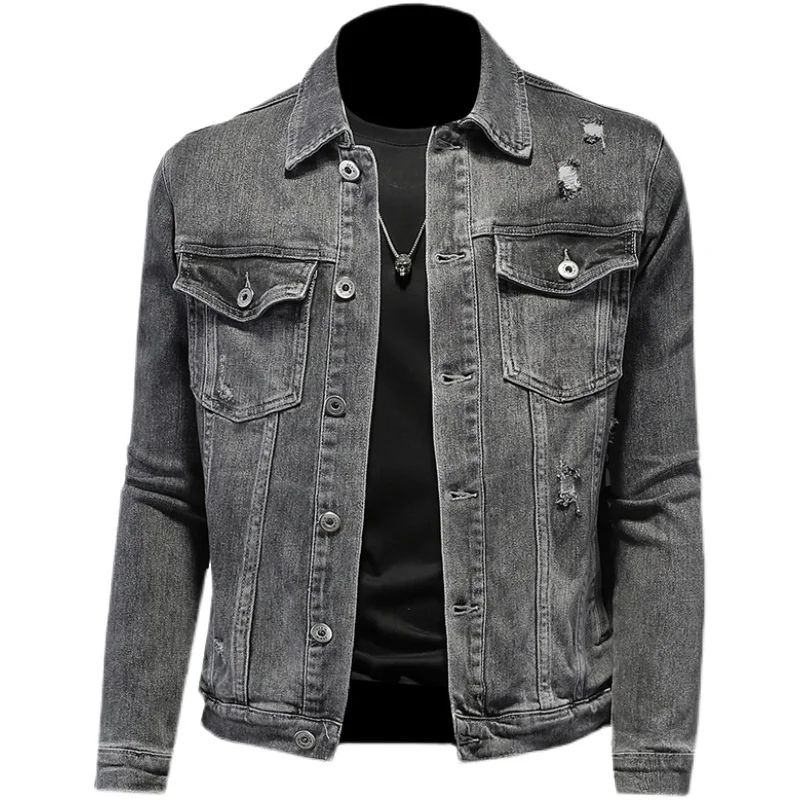 2021 New Spring Autumn Men Gray Denim Jackets Fashion Slim Fits Casual Jean Denim Jacket Ripped Hold Mens Clothing Size M-4XL