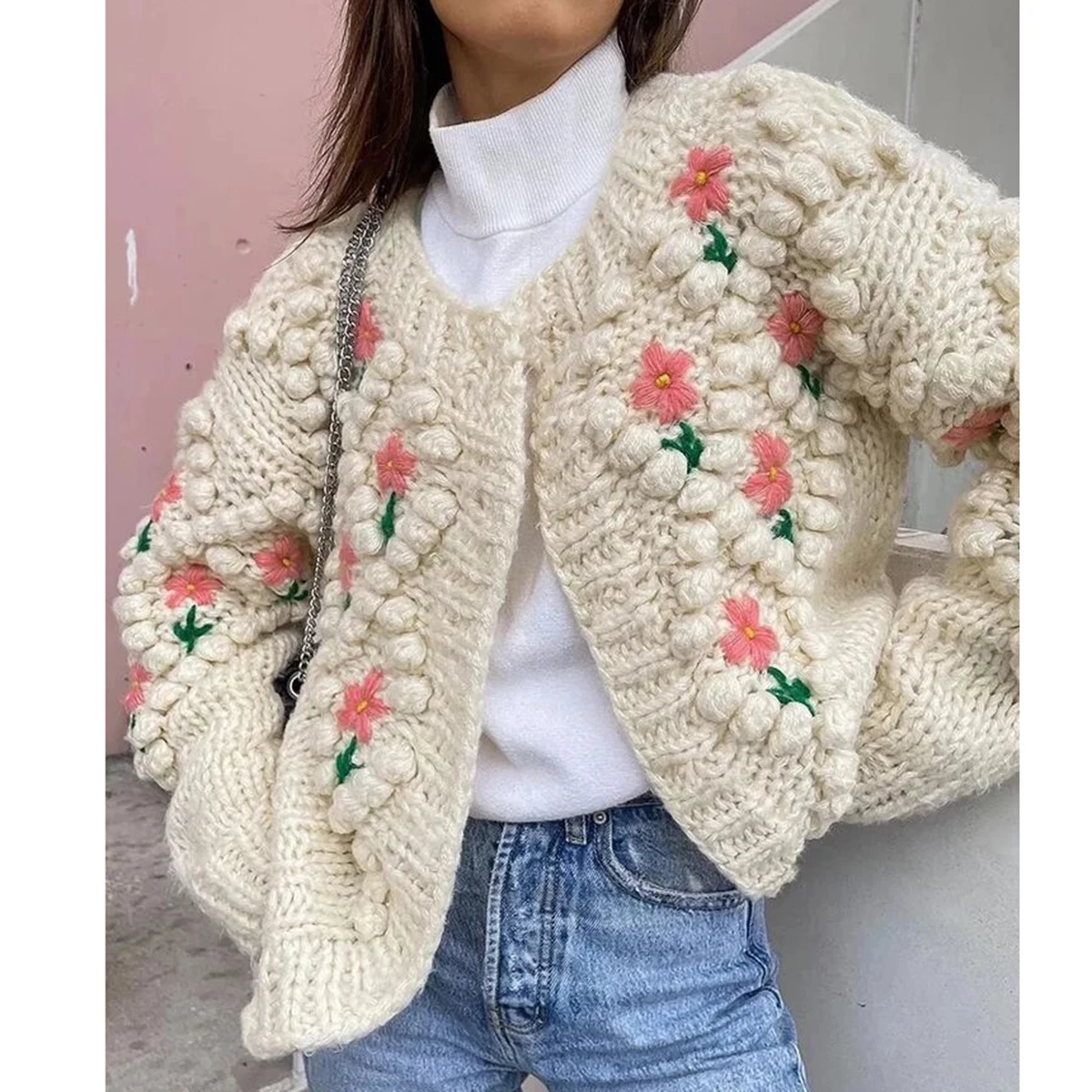 

Jastie Bohemian Style Flower Embroidered Knitted Sweater Women Cardigan 2022 Autumn Winter Pull Femme Sweater Coat Tops