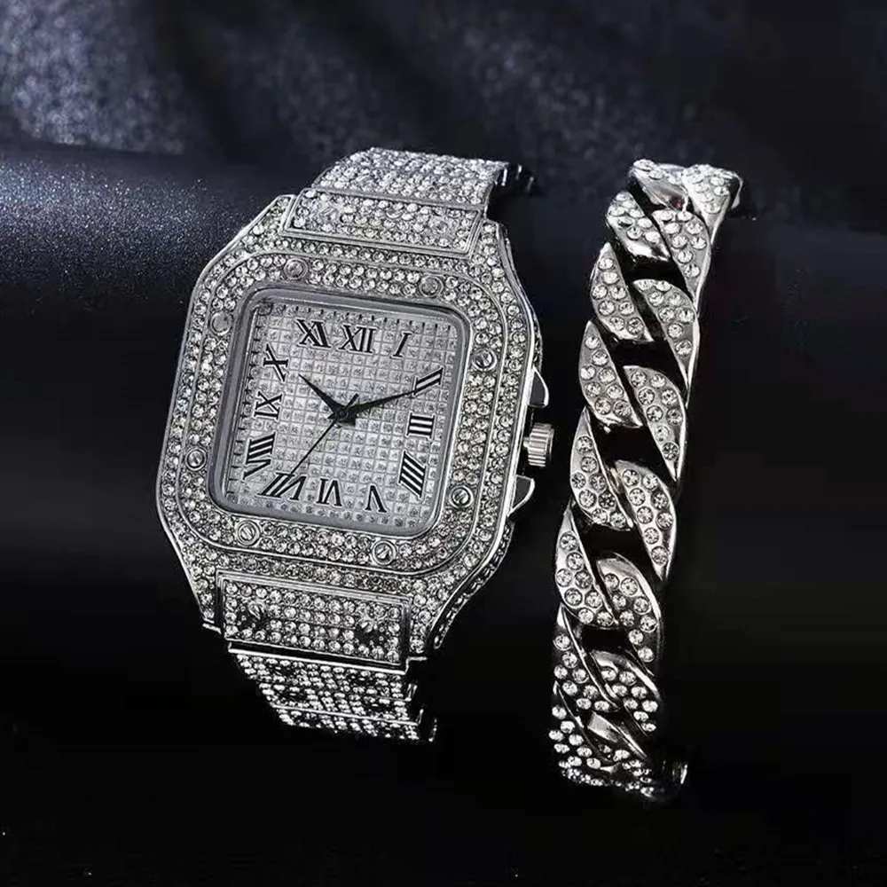 

Luxury Watch for Men Women Big Gold Chain Bracelet with Iced Out Wristwatch Hip Hop Male Gifts Set Jewelry Clocks Reloj Hombre