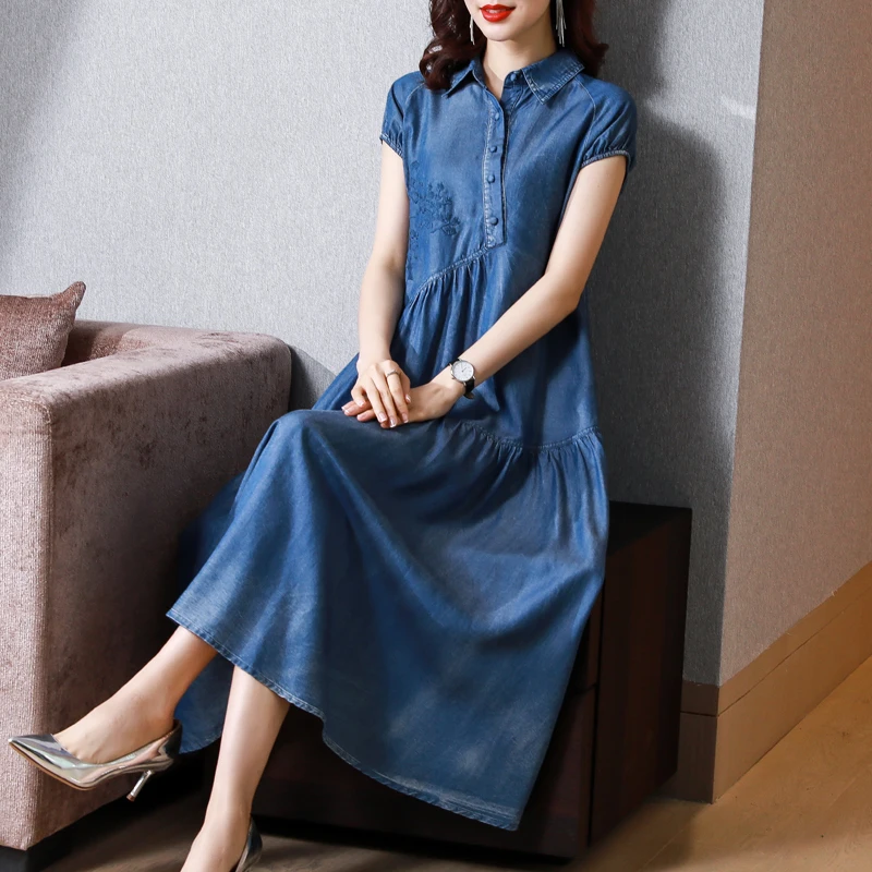 

TIYIHAILEY Free Shipping Women Long Mid-Calf Summer Denim S-XL Short Sleeve Dress Embroidery