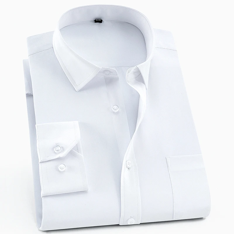 Camisa de vestir básica sólida de manga larga para hombre, camisa a rayas de ajuste estándar, bolsillo de parche único, trabajo Formal de negocios,