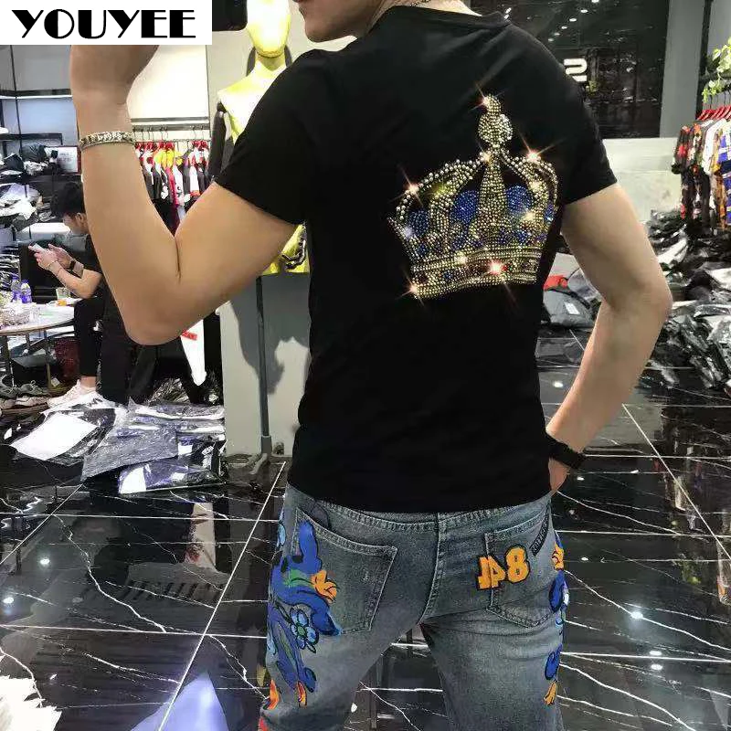 T-shirt Men's Crown Rhinestone Slim Personality Summer Fashion Heavy Technology Mercerized Cotton High Quality Male Top Clothes