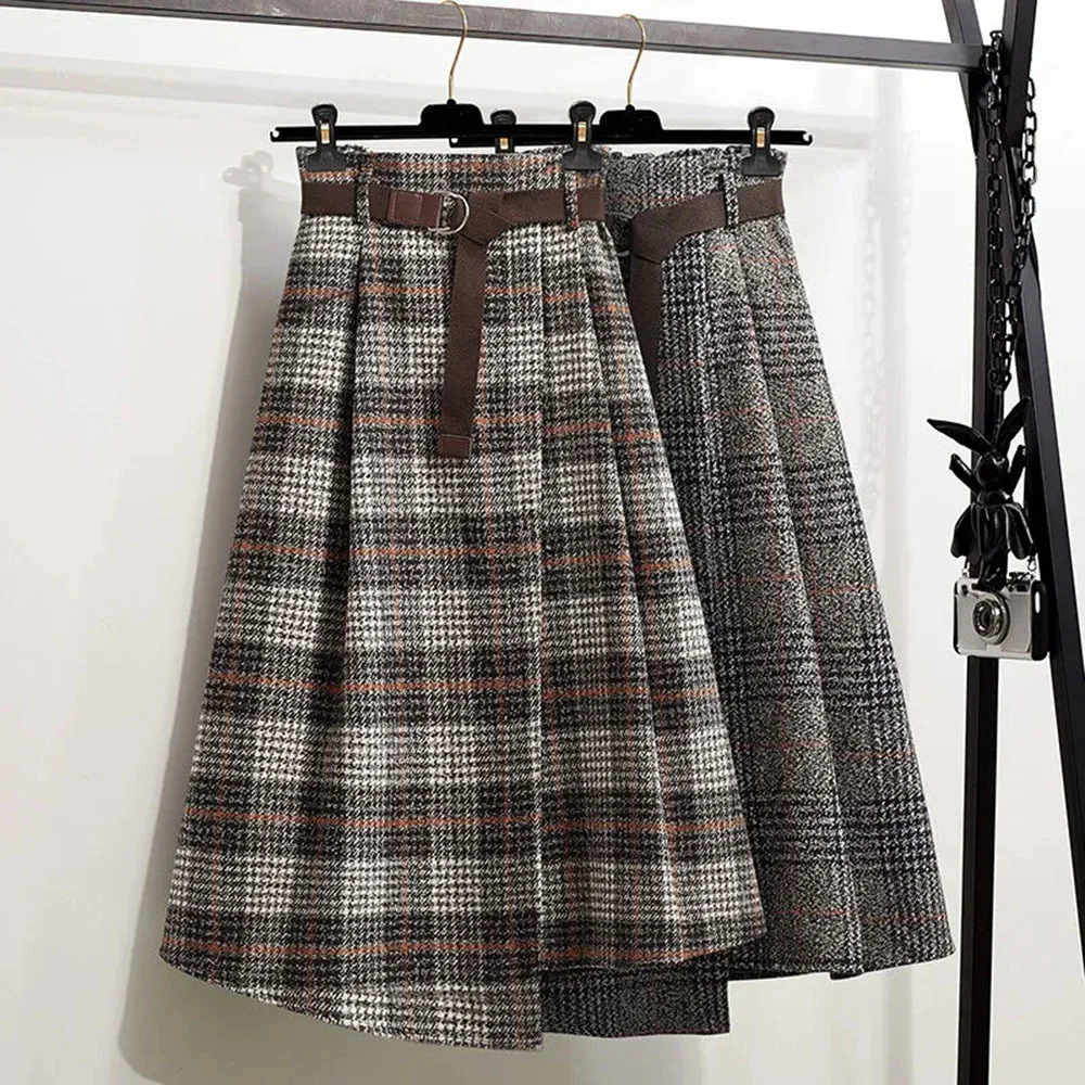 Office Lady Woolen Winter Thicken Umbrella Skirt New Autumn 2021 Plaid Asymmetrical Long Skirt Women Plus Size A-LINE Skirt