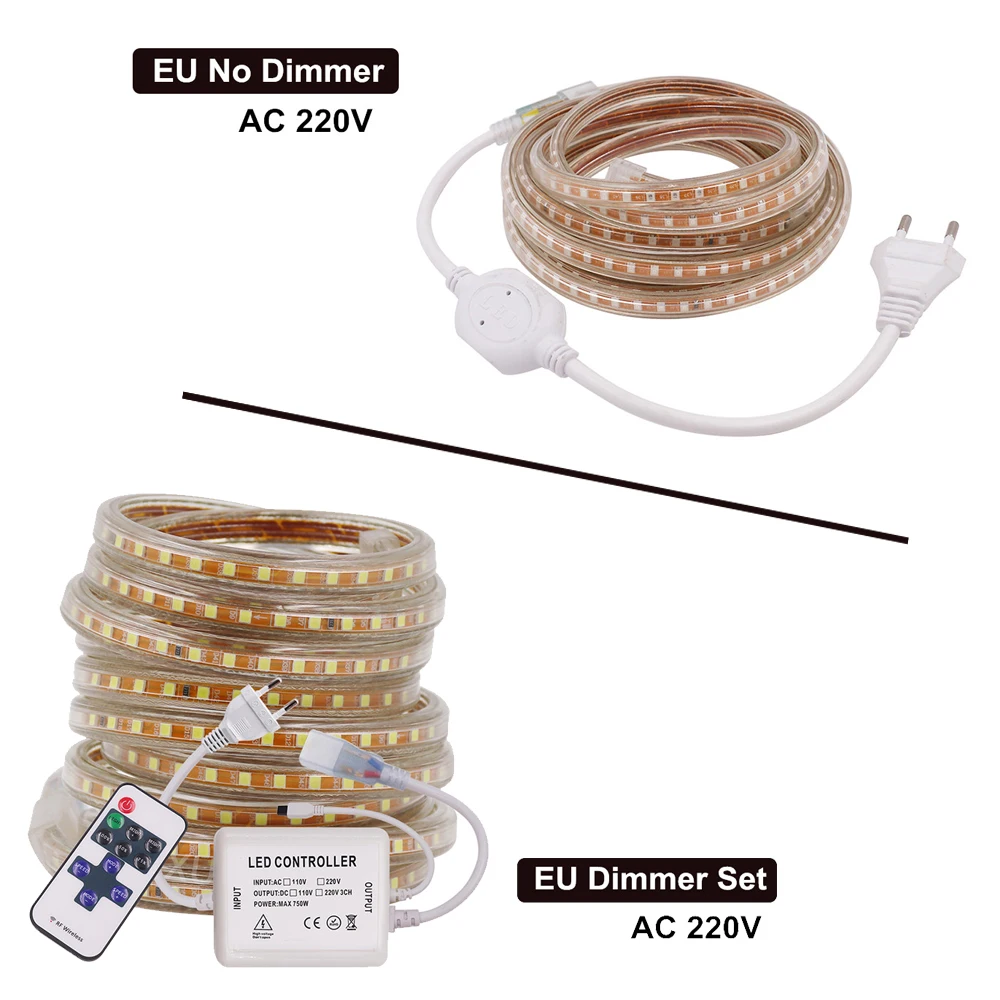 LEDストリップライト,調光可能,220ダイオード,白,赤,緑,120 V AC,防水,家庭用装飾用リボンライト,2835ダイオード/m