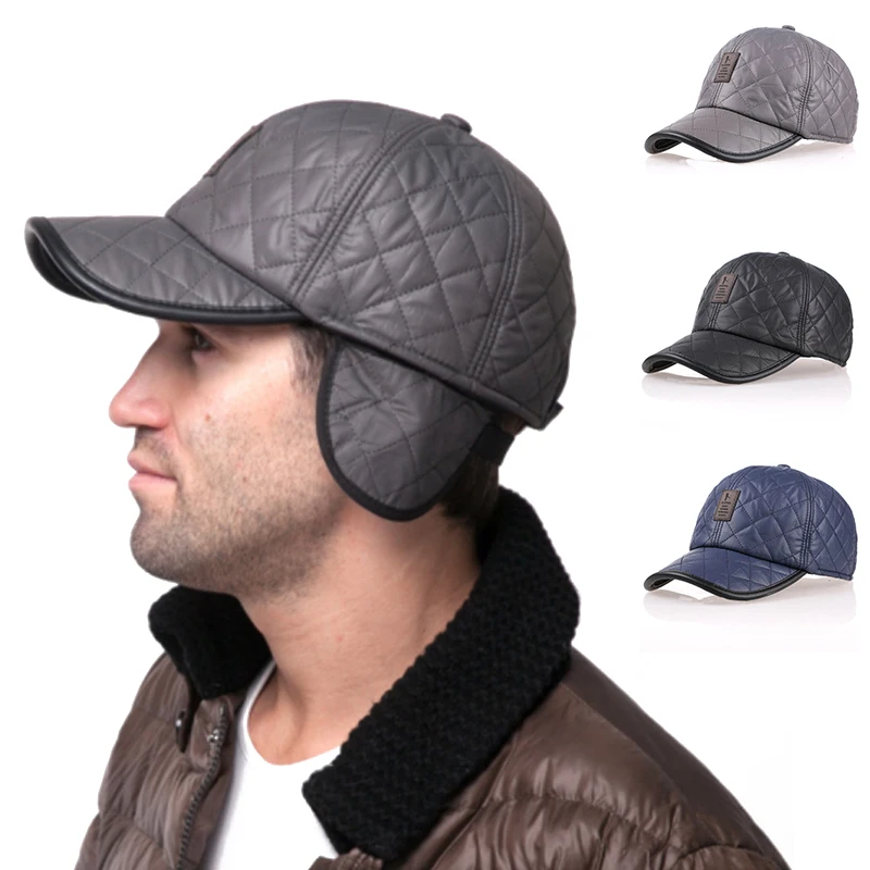 Hot Fashion Winter Warm Men's Hats Bright Leather Baseball Cap Bright Leather Casual Sports Caps Thick Ear Protection Warm Hats