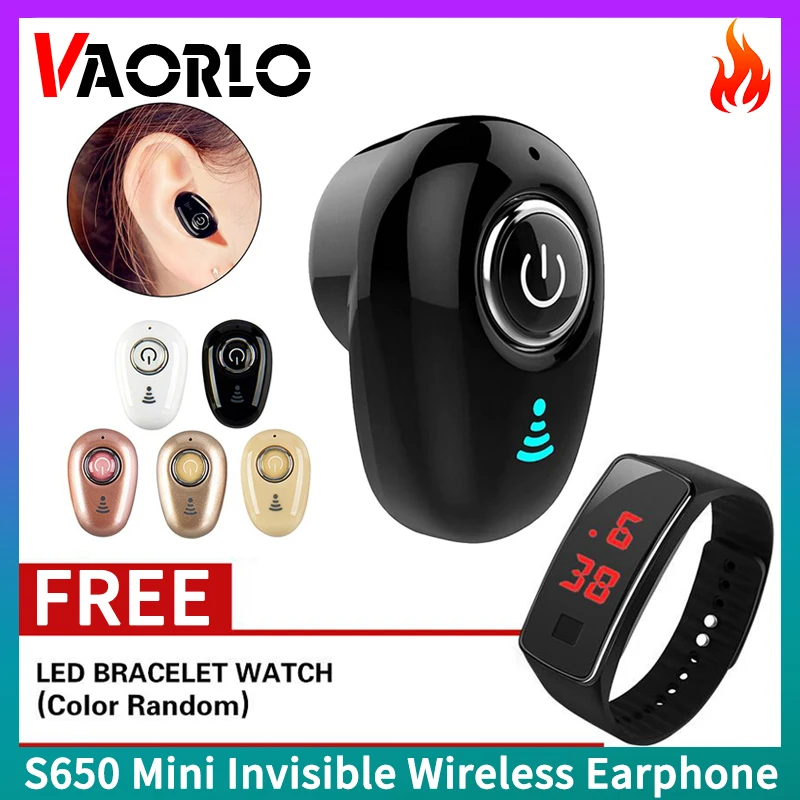 [With Free LED Watch]VAORLO Original S650 Mini Invisible Ture Wireless Earphone Noise Cancelling Bluetooth Headphone With MIC