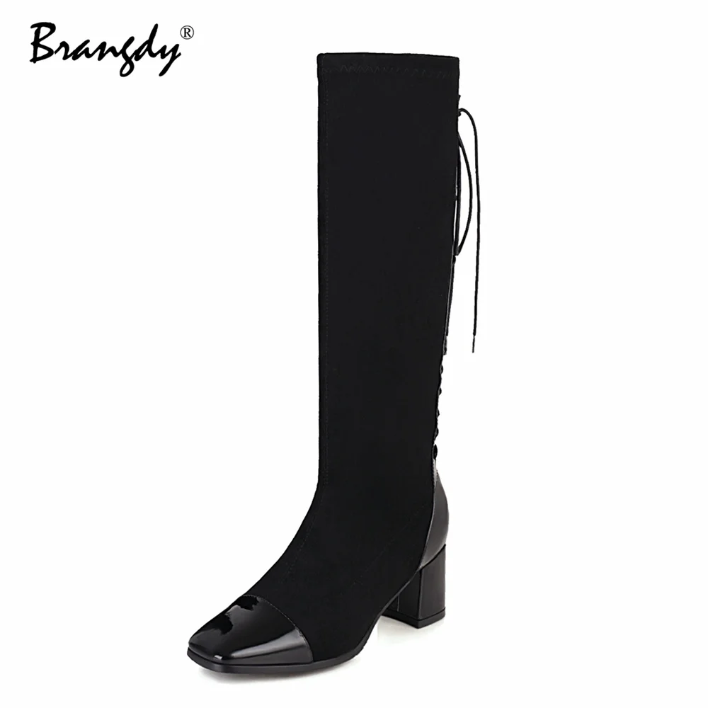 

Brangdy Winter Thigh High Shoe Women Lace Up Suede Chunky High Heels Knee High Boots Female Round Toe Platform Warm Snow Boots