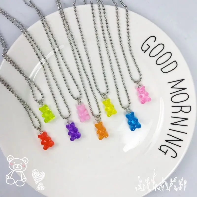 Gothic Mini Handmade Colors Cute Resin Gummy Bear Chain Necklaces Candy Color Pendant for Women&Girl Daily Jewelry Party Gifts