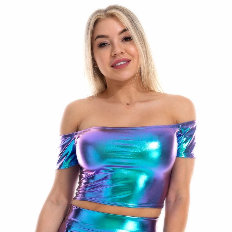 Summer Sexy Slash Neck Off Shoulder Metallic Crop Top Glitter Holographic Tank Top Short Vest Women Rave Festival Clubwear