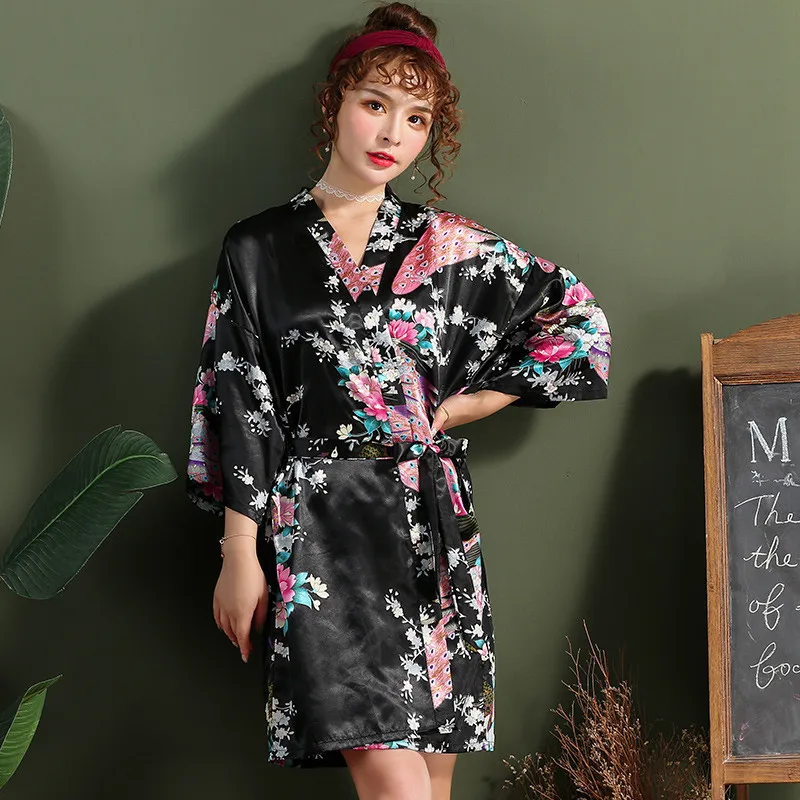 Chinese Red Women Bathrobe Sexy Loose Wedding Robe Casual Lounge Sleepwear Kimono Gown Print Peacock V-neck Mini Home Clothing