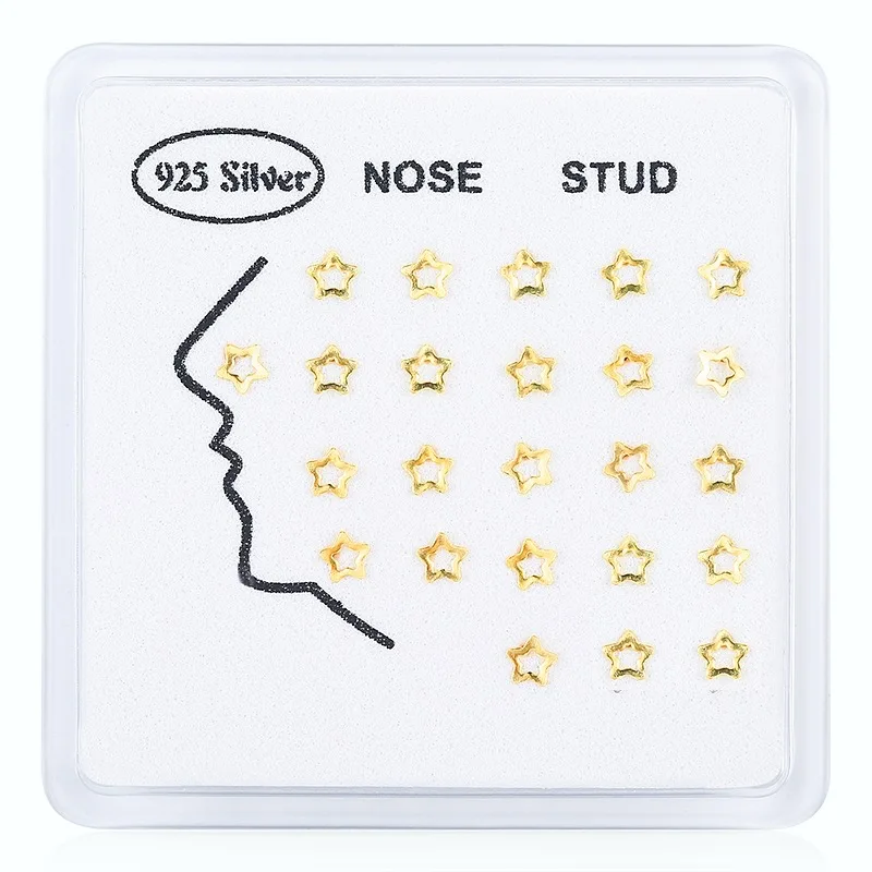 

24pcs/pack 925 sterling silver Hollow out stars nose studs for women Elegant Gold nostril Accessories body piercing Jewelry new