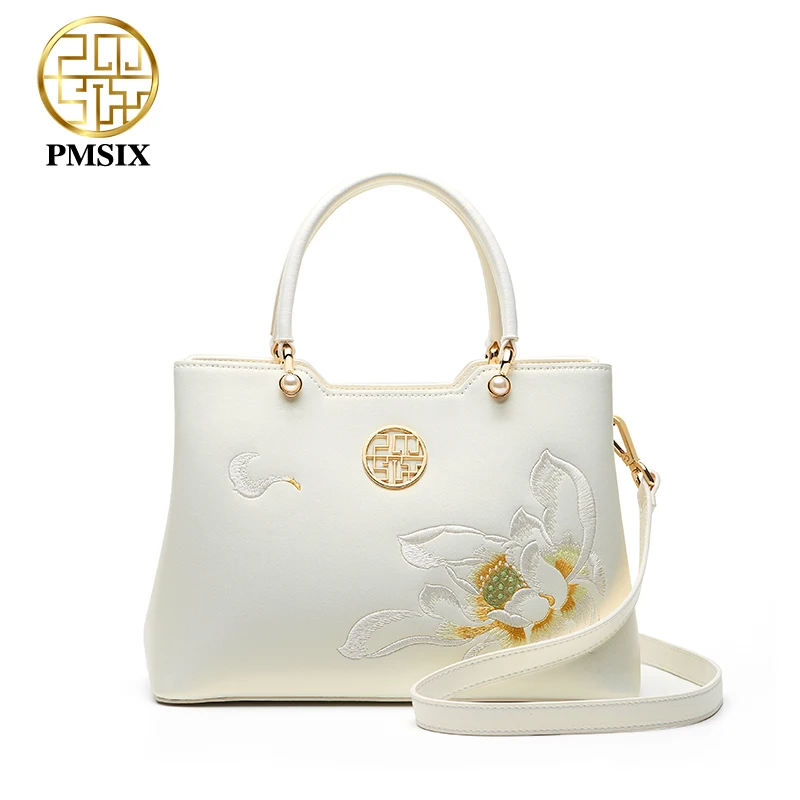 PMSIX luxury White Leather Handbags For Women  Elegant Embroidered Ladies\' Designer Shoulder Bag  Simple Messenger Bags 2021